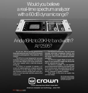 Crown RTA-2 real-time spectrum analyzer. . 
ad from 1979 - To step into a time machine and see more at AboutProSound Acoustic Measurement Ad Archive:   
https://aboutprosound.com/acoustic-measurement.
.
.
.
#proaudio #livesound #audiomeasurement #ProAV #Crown #AVTweeps #analog #gearporn #Gearslutz #musicproduction #proaudio #music #audioengineer #mixingengineer #producerlife #mixing #audio #liveevents #production  #liveaudioengineer #EQ #livemusic #liveaudioengineer #tourlife #crownamplifiers