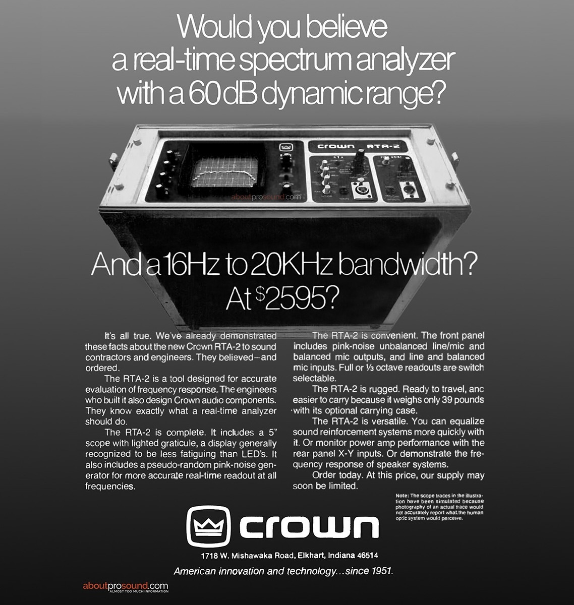 Crown RTA-2 real-time spectrum analyzer. . 
ad from 1979 - To step into a time machine and see more at AboutProSound Acoustic Measurement Ad Archive:   
https://aboutprosound.com/acoustic-measurement.
.
.
.
#proaudio #livesound #audiomeasurement #ProAV #Crown #AVTweeps #analog #gearporn #Gearslutz #musicproduction #proaudio #music #audioengineer #mixingengineer #producerlife #mixing #audio #liveevents #production  #liveaudioengineer #EQ #livemusic #liveaudioengineer #tourlife #crownamplifiers
